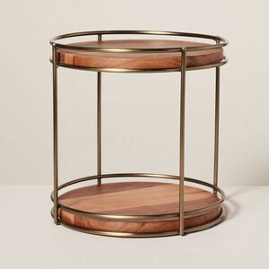 Open Box - Tiered Wood & Metal Round Serving Stand Brass/Brow Brass/Brown